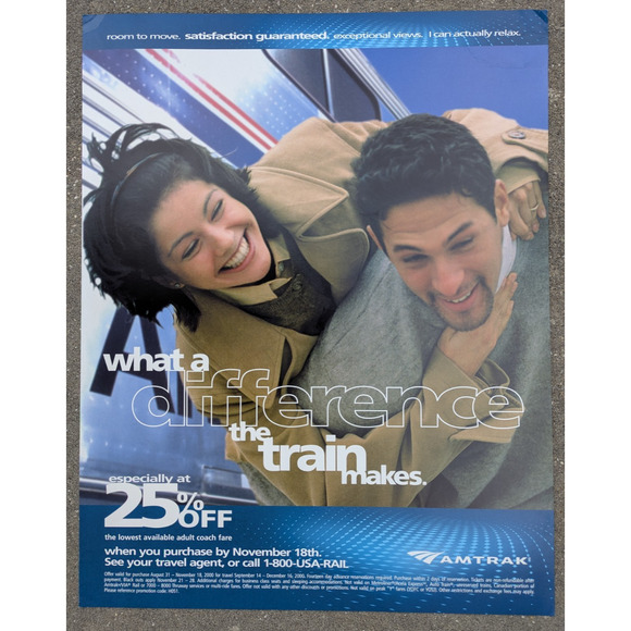 Railroad Amtrak What a Difference The Train Makes Poster 22" x 28" 2000